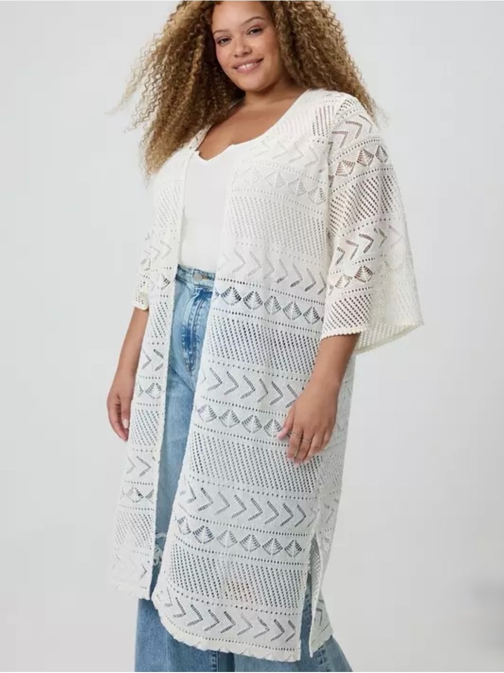 Torrid Open-Weave Ivory Crochet Duster Kimono